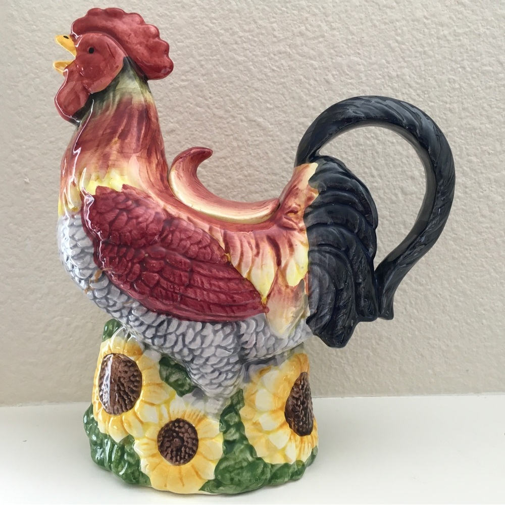 Vintage Red and Black Rooster and Yellow Sunflower Teapot with Handle and Lid